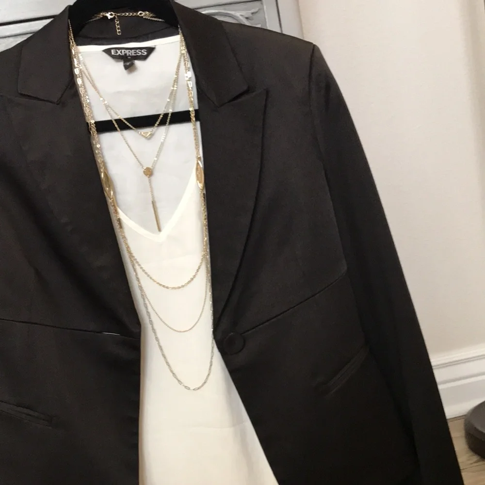 BCBG Satin Blazer Feminine Tuxedo with a Twist Black
